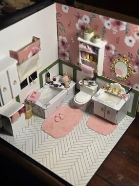Pink Floral Home Bath Accessory Set - Miniature Bathroom Decor